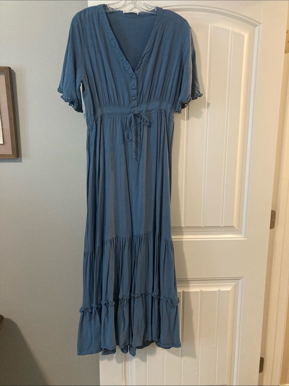 Dusty Blue V-Neck Tiered Maxi Dress with Tie Waist